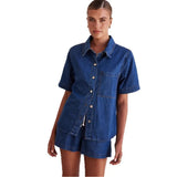Summer New Water Wash Retro Solid Color Short Sleeve Shirt Shorts Denim Set