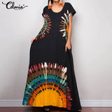 2021 Summer Sundress Women Vintage Print Long Dress Ladies Short Sleeve Casual Loose Holiday Maxi Robe