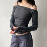Girl Style Solid Color Collar Shoulder Rope Slim Long-Sleeved Functional T-Shirt 2024 Spring New Style-Outfit