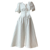 French Holiday White Dress Short Puff Sleeves Zipper Front A Line Slim Dress Vestidos Elegant Party Dress Summer