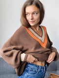 Autumn Women's Striped Knitted Sweater Oversize Thick Warm Loose Jumper Tops Vintage V Neck Ladies Pullover Sweaters