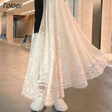 Skirts Women Lace Ankle-length High Waist Skirt for Ladies Loose Casual Retro Soft Korean Streetwear Trendy All-match