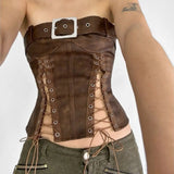 Leather Waist Strap Metal Buckle Wrapped Breasted Hottie Sexy Sleeveless Tops Street