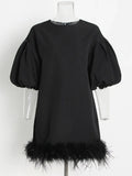 TWOTWINSTYLE Patchwork Feathers Hem Dress For Women Round Neck Short Sleeve Solid Minimalsit Summer Dresses Female Clothing