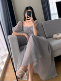 Puff Sleeve Long Dresses for Women Party Korea Fashion Slim Folds Square Collar Streetwear Bodycon Dress Elegant