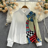 Women Print Spliced Long Blouse Casual Long Sleeve Button Loose 2022 Autumn Streetwear French Office Lady Fashion