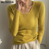 Autumn Deep O-neck Women Basic Slim Warm Knitted Tops Casual Skinny Stretch Long Sleeve Female Pullover Sweaters
