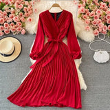 VAREY LIN New Spring Autumn Women Casual Solid Slim Dress Elegant A Line V Neck Puff Sleeve Chiffon Pullover Mid-Calf