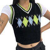 Plaid Knitted Sweater Vest Women Streetwear Preppy Style Korean Clothing Striped V Neck Tank Top Y2K