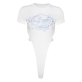 Women Hollow Out Bodysuit, Adults Sexy Slim Fit Printed Short Sleeve Round Neck Jumpsuits-Outfit