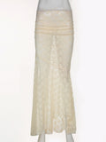 Elegant Fashion Slim Lace Trumpet Skirt Holiday See Through Sexy Mid-Waisted Maxi Skirts Women 2023 Autumn Spring Ladies-Outfit