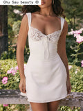 Spring Summer New Sexy Casual Lace Stitching Wavy Collar Halter Straps Bag Hip A-Line Short Mini Dress