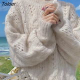 Soft Loose Knitted Sweater Women Anutumn Winter New Hollow Solid Pullover Sweater Mohair Warm Basic Knitwear Jumper
