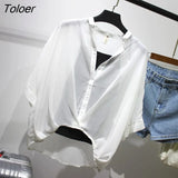 Two Piece Chiffon Shirt Women Summer Half Sleeve Loose V-Neck Casual Blouse Women Sexy Loose Striped Shirts Tops