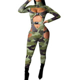 Women Bodycon Jumpsuit Solid Color Overalls Long Sleeves Rompers Bodysuits High Neck Hollow Out Buckle Biker Short