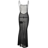 Women See Through Bodycon Long Dresses Summer Clothes 2024 Sling Backless Mesh Clothing Evening Party Dress Sexy Club Streetwear-Outfit