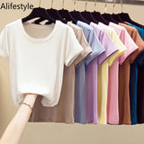 Popular Light Thin High Elastic Fashion Casual Round Collar Short Sleeve T-Shirt Brand High Quality Pure Cotton Women'S