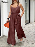 Celmia Elastic Waist Spaghetti Straps Overalls Women Fashion Wide Leg Pants 2022 Summer Long Rompers with Belt Casual
