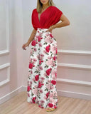 Two Piece Set Women Fashion V-neck Bat Sleeve Top Printed Wide-leg Pants Suit Casual Two Piece Set