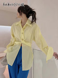 Casual Loose Shirt For Women Lapel Long Sleeve Solid Minimalist Irregular Hem Blouses Female Fashion Clothing