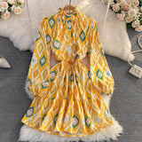 New Fashion Runway Spring Women Lantern Sleeve Multicolor Floral Print Dress Boho Holiday Beach Ladies Mini Dress