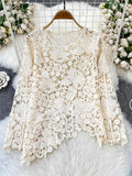 Cut-Cut Pattern Round-Neck Long-Sleeved Lace Women's Shirt 2025 Summer High-End Elegant
