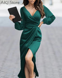 Women Solid Color Elegant Puff Sleeve Ruched High Slit Satin Wrap Maxi Dress Party