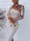 Sexy White Cut Out Sequins High Collar Long Sleeve Long