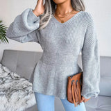 Women Knitted Sweater Lantern Sleeve Ruffled Hem V-Neck Solid Warm Pullover Ladies Elegant Korean Causal Sweaters 2021 Top