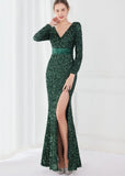 Winter Elegant Deep V Neck Long Sleeve Slit Cocktail Eevening