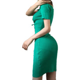 Women Knit Bodycon Mini Dress Evening Party Summer Clothes Short Sleeve Drawstring V Neck Solid Color Dress Sexy Club-Outfit