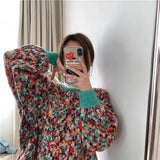 Japan Lazy Knitted Tops O-Neck Camouflage Contrasting Colors Korean Fashion Women Loose Autumn Roupas Feminin