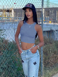 Summer Streetwear Top Women 2022 Sleeveless White Print Embroidery Crop Top Fashion Club Black Blue O Neck Tank Top
