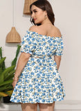 Sweet Off-the-shoulder Short Sleeves Floral Print Plus Size Two Piece Skirt