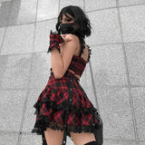 Dark Plaid Sling Lace Tie Pleated Skirt 2023 Spring Personality Suit-Outfit