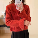Spring And Autumn New Korean Solid Color Round Neck Bowknot Sweater Women's Fashion Soft Glutinous Warm Style Knitted Cardigan-Outfit