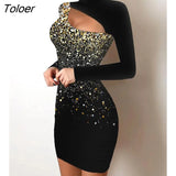 New Print Cutout Front Long Sleeve Bodycon Dress Women Sexy Hollow Out Slim Fit Long Sleeve Autumn Dress Sequins Black