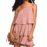 Women One Shoulder Mini Dress Summer Clothes Sleeveless Ruffle Tiered Layered Pleated A Line Flowy Hem Dress Sexy Streetwear-Outfit