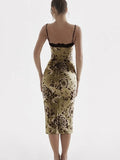 Women's Summer Vintage Floral Print Lace Trim Spaghetti Strap Sleeveless Fashion Backless Midi Sling Bodycon Dress-Outfit