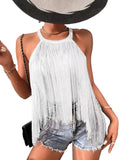 Women's Hot-Selling Solid Color Sleeveless Neck Top Ladies' Fashionable Tassel Beach Swimsuit-Outfit