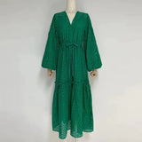 TWOTWINSTYLE Green Cut Out Summer Dress For Women V Neck Lantern Sleeve High Waist Solid Minimalist Midi Dresses Female