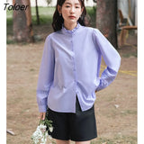 Women Shirts 2023 Spring Long Sleeve Petal Collar Loose Blouse 3D Lace Splicing Four Colors Elegant Chic