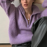 WOTWOY Autumn Winter Thickening Knitted Sweater Women Casual Zipper Polo Collar Loose Knitted Pullovers Female White Jumper
