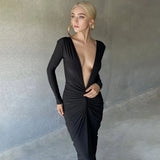 Fashionable Women's Dress French Long-Sleeved Sexy Deep V-Collar Pleated Slim Dress Two High-Waisted Dresses-Outfit