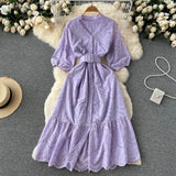 Women Embroidary Gentle Summer Dress V Neck Sashes Hollow Out Casual Vacation Short Sleeves Ladies Long A Line