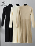Women Knitted Pleated Dress Winter Solid Stand Neck Sweater Thick Slim Midi Long Dress 2022 Casual Soft Warm