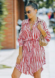 Turn-down Collar Full Sleeves Striped Print Belted Mini Loose Casual