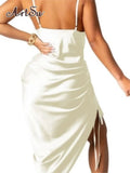 Party Satin Mini Dresses Sleeveless Ruched Sexy Club Dress Summer Women Backless Outfits Spaghetti Strap White