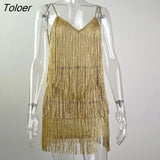 V Neck Sequin Mini Dress Sexy Long Sleeve Elegant Club Party Outfits Solid Backless Spaghetti Strap Tassel Dress