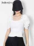 Casual Patchwork Diamonds Sweater For Women Square Collar Short Sleeve Solid Slim Knitting Pullover Female